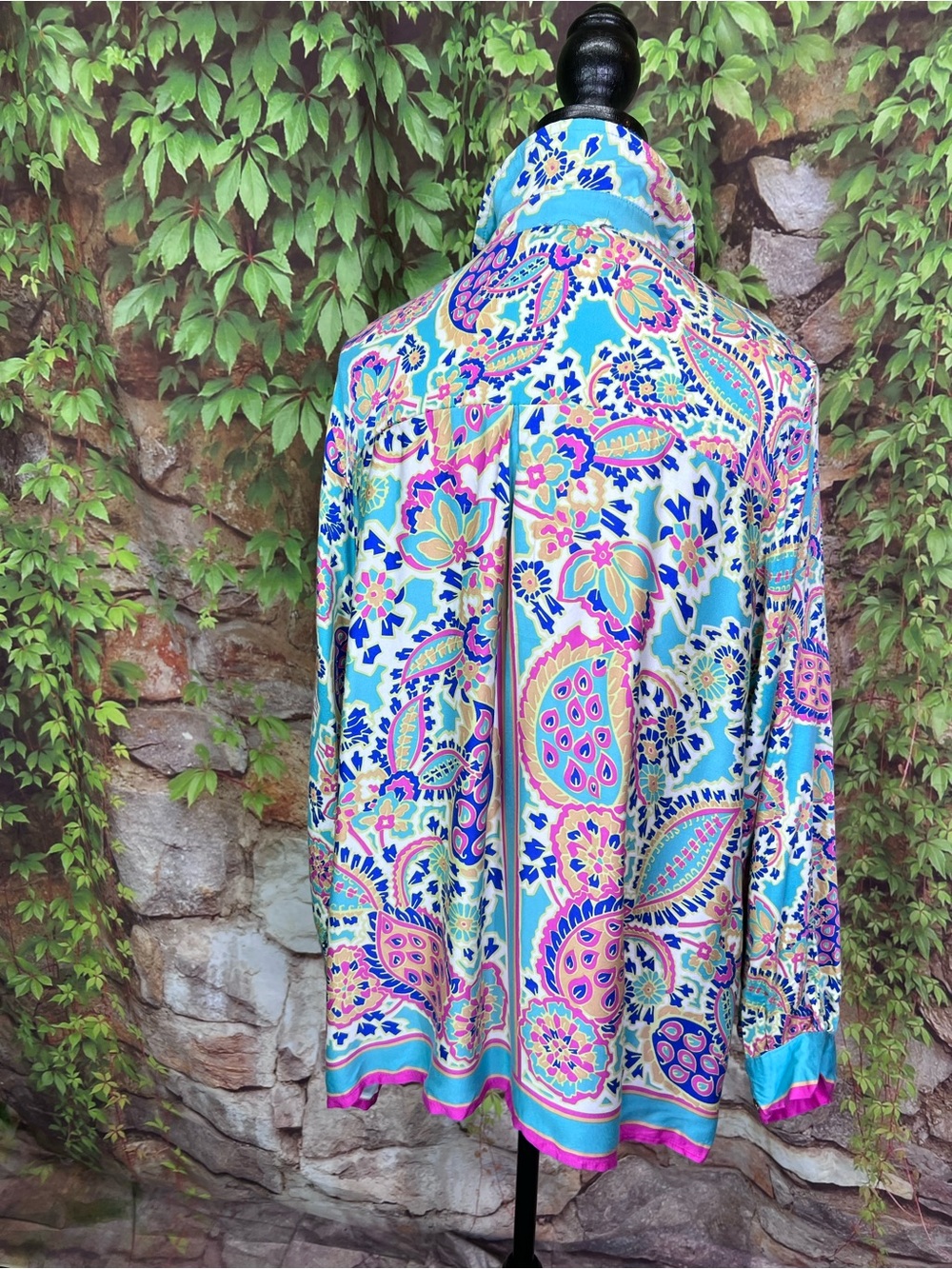 HAUTE HIPPIE STYLE Paisley Resortwear Floral Turquoise Button Front Blouse, 1X - Picture 9 of 14